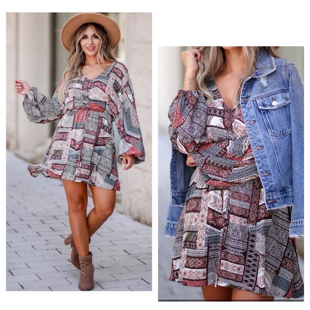 Promesa long sleeve boho western flare ruched bust dress size small